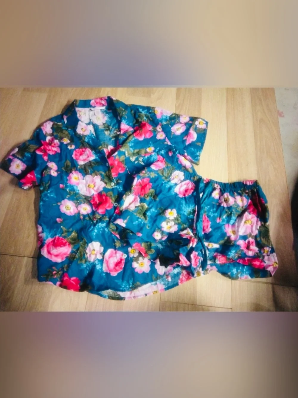 Victoria's Secret Teal Floral Satin Pajama Set - Pink & Green Floral Print